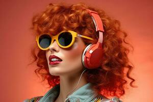 ai genererad kvinna med röd hår bär hörlurar och solglasögon foto