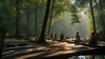 ai genererad en grupp av människor är Sammanträde på en bro över en flod, mediterar och praktiserande yoga foto