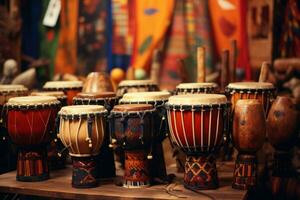 ai genererad färgrik bongo trummor på en tabell foto