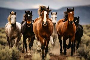 ai genererad en grupp av hästar löpning på en smuts väg foto