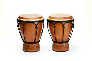 ai genererad två trä- trummor med svart remmar. bongo trummor isolerat på en vit bakgrund foto