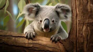 ai genererad förtjusande koala på eukalyptus träd foto