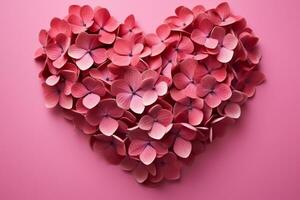 ai genererad hjärta formad arrangemang av röd hortensia blommor på en rosa bakgrund foto