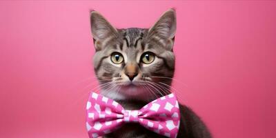 ai genererad katt med rosa rosett slips på rosa bakgrund foto
