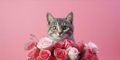ai genererad katt innehav en bukett av rosa ro foto