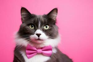 ai genererad katt med rosa rosett slips på rosa bakgrund foto