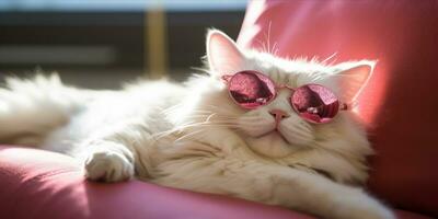 ai genererad katt bär hjärta formad solglasögon liggande på en kudde foto
