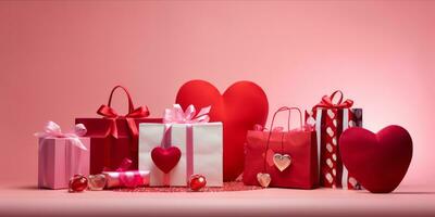 ai genererad valentine dag gåvor med handla väska på rosa bakgrund foto
