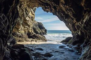 ai genererad de strand från de inuti av en stor, sten grotta foto