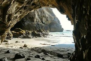 ai genererad de strand från de inuti av en stor, sten grotta foto