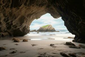 ai genererad de strand från de inuti av en stor, sten grotta foto