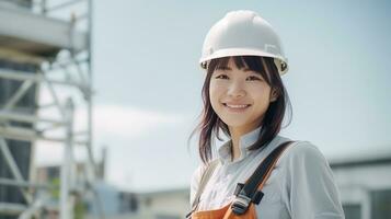 ai genererad leende av skön japansk konstruktion kvinna arbetstagare foto