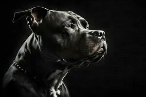 ai genererad pitbull hund porträtt på svart bakgrund. neuralt nätverk ai genererad foto