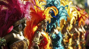 ai genererad grupp av en sexig flickor i en färgrik överdådig karneval fjäder kostym. foto