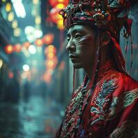 ai genererad kinesisk man med en kinesisk ny år kostym i en stad på de natt. foto