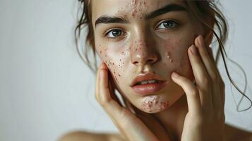 ai genererad ung kvinna med acne problem squishing finnar på ljus bakgrund med Plats för text foto