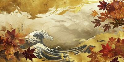 ai genererad japansk-inspirerad gyllene blad ram med vattenfärg vågor, moln, och traditionell mönster. utsökt design för en lyxig papper behandling eller baner med en Rör av japan. foto