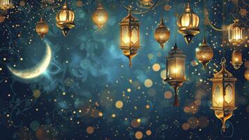 ai genererad ramadan kareem gräns, islamic konst stil bakgrund. symboler av ramadan mubarak, hängande guld lyktor, arabicum lampor, lyktor måne, stjärna, konst och illustration. foto