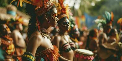ai genererad låter dansa Allt vår problem bort. beskurna skott av skön samba dansare utför i en karneval med deras band. foto