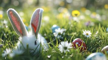 ai genererad påsk kanin öron med påsk ägg på äng med blommor bakgrund baner foto