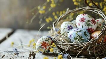 ai genererad målad ägg med blommor. påsk baner med kopieringsutrymme, terar en korg av ägg på vit trä golv. foto