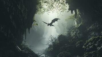 ai genererad drake flygande upp ut av grotta i dimmig fantasi skog. foto