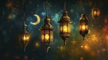 ai genererad ramadan kareem gräns, islamic konst stil bakgrund. symboler av ramadan mubarak, hängande guld lyktor, arabicum lampor, lyktor måne, stjärna, konst och illustration. foto