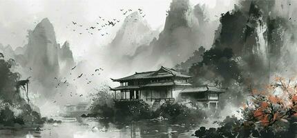 ai genererad kinesisk stil bläck landskap foto