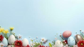 ai genererad vår blommor och färgrik påsk ägg med pastell blå bakgrund foto