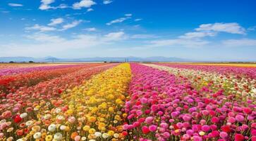 ai genererad fält av blommor, blommor i de fält, färgad blommor under de himmel, färgad blommor, blommor fält foto