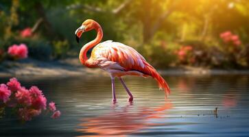 ai genererad rosa flamingo på de sjö, rosa flamingo simning på de vatten, närbild av en skön rosa flamingo foto