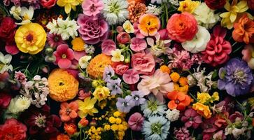ai genererad fält av blommor, blommor i de fält, färgad blommor under de himmel, färgad blommor, blommor fält foto