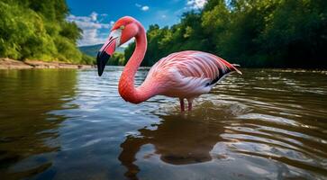 ai genererad rosa flamingo på de sjö, rosa flamingo simning på de vatten, närbild av en skön rosa flamingo foto