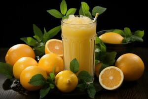 ai genererad realistisk Foto av sommar färsk juice i glas med citron- och löv generativ ai