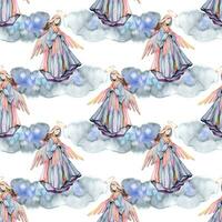 vattenfärg änglar sömlös mönster. kristen mönster med moln och flygande änglar. foto