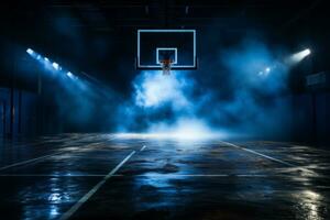 ai genererad basketboll domstol med dramatisk blixt- och rök foto