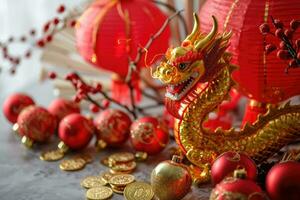 ai genererad Lycklig kinesisk ny år, drake zodiaken, kinesisk gyllene drake, hälsning kort och banderoller foto