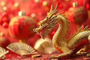 ai genererad Lycklig kinesisk ny år, drake zodiaken, kinesisk gyllene drake, hälsning kort och banderoller foto