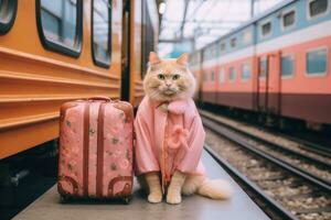 ai genererad rolig katt gående på semester, katt resa begrepp, ai generativ foto