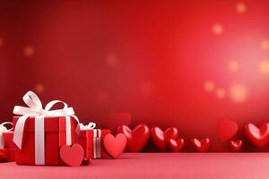 ai genererad valentines dag bakgrund med gåva låda och röd hjärtan. 3d tolkning Lycklig valentine dag genererad ai foto