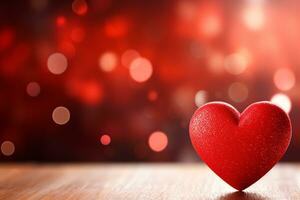 ai genererad valentines dag hälsning kort med röd hjärtan på trä- tabell över bokeh bakgrund. genererad ai foto