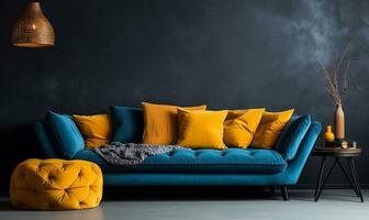 ai genererad levande rum interiör design med soffa minimal estetisk 3d återges foto