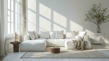 ai genererad vit levande rum interiör design med soffa minimal estetisk 3d återges foto