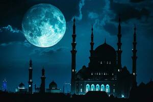 ai genererad islamic bakgrund av silhuett islamic moské på natt med måne på blå himmel foto