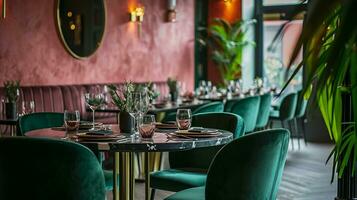 ai genererad dining rum interiör design med dining tabell minimal estetisk ljus grön sammet 3d återges foto