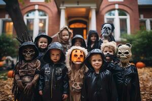 ai genererad grupp av barn i kostymer under halloween fest nära modern hus. hög kvalitet Foto