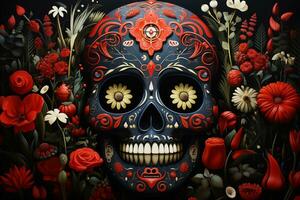 ai genererad dia de los muertos traditionell calavera socker skalle dekorerad med blommor de dag av de död- foto