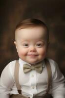 ai genererad porträtt av söt bebis pojke med ner syndrom på brun bakgrund. hög kvalitet Foto