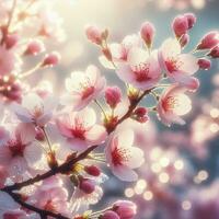 ai genererad hyper realistisk sakura körsbär blomma träd löv japansk festival morgon- dagg osaka tokyo foto