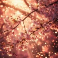 ai genererad hyper realistisk sakura körsbär blomma träd löv japansk festival morgon- dagg osaka tokyo foto